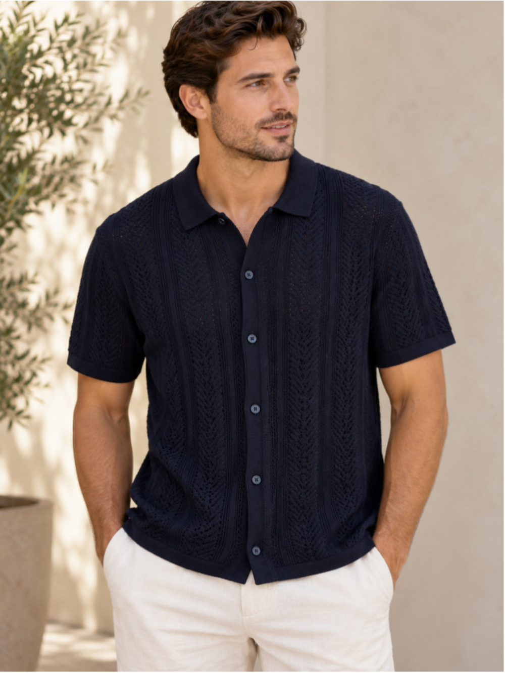 H&M Men’s Regular Fit Pointelle-Knit Button-Up Shirt – Navy Blue – Size XL